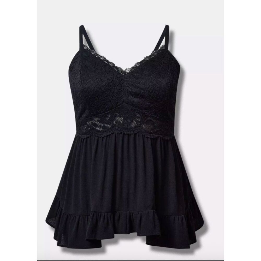 Torrid Babydoll Crinkle Washable Crinkle Gauze And Lace Tank Black Size 2 EUC